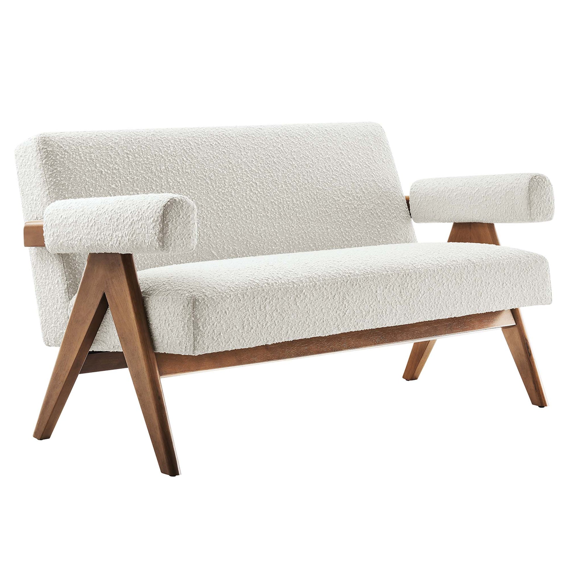 Ivory boucle loveseat with wooden angled legs and cylindrical padded armrests; mid-century modern.