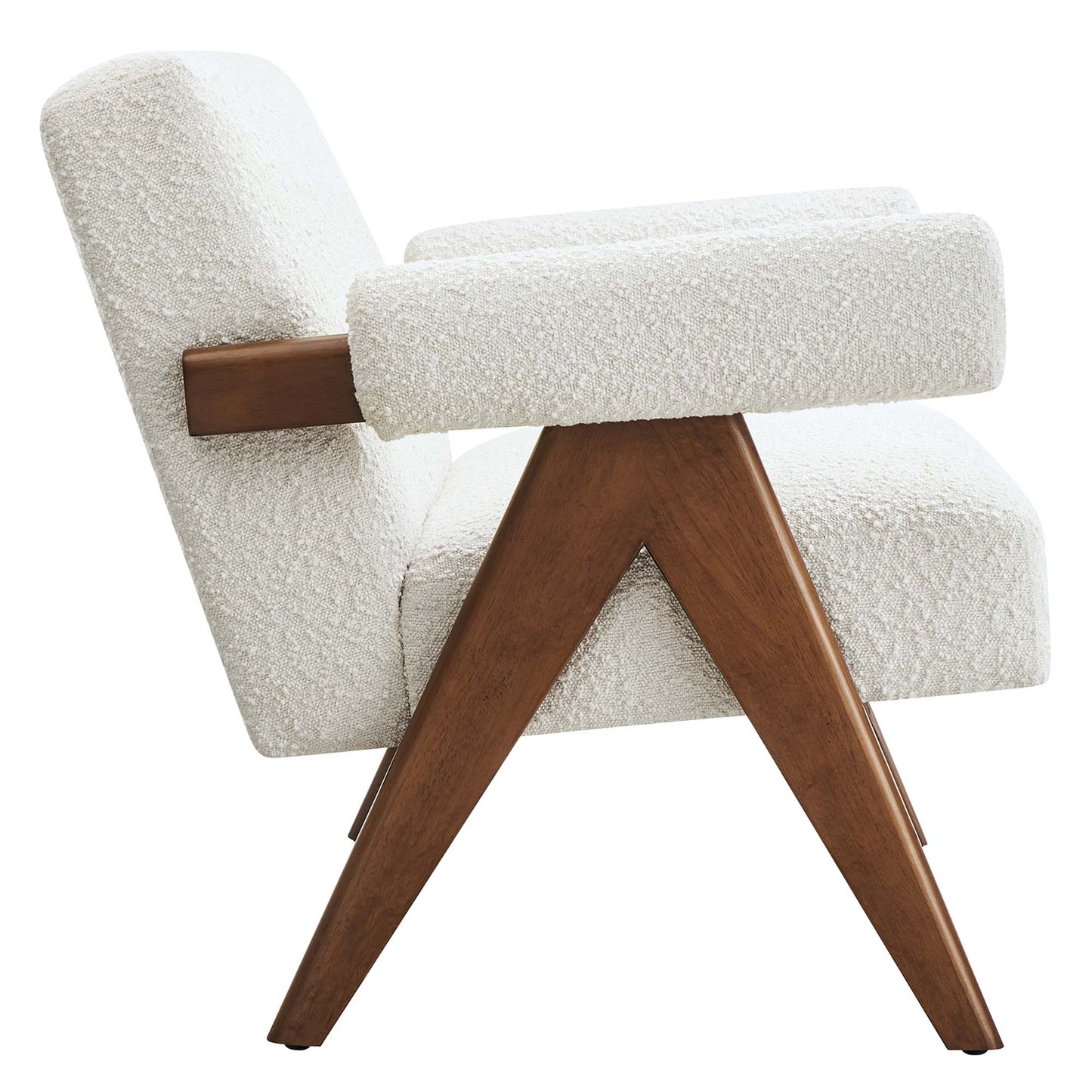 Ivory boucle upholstered loveseat with padded arms and angled wooden A-frame legs, mid-century style.