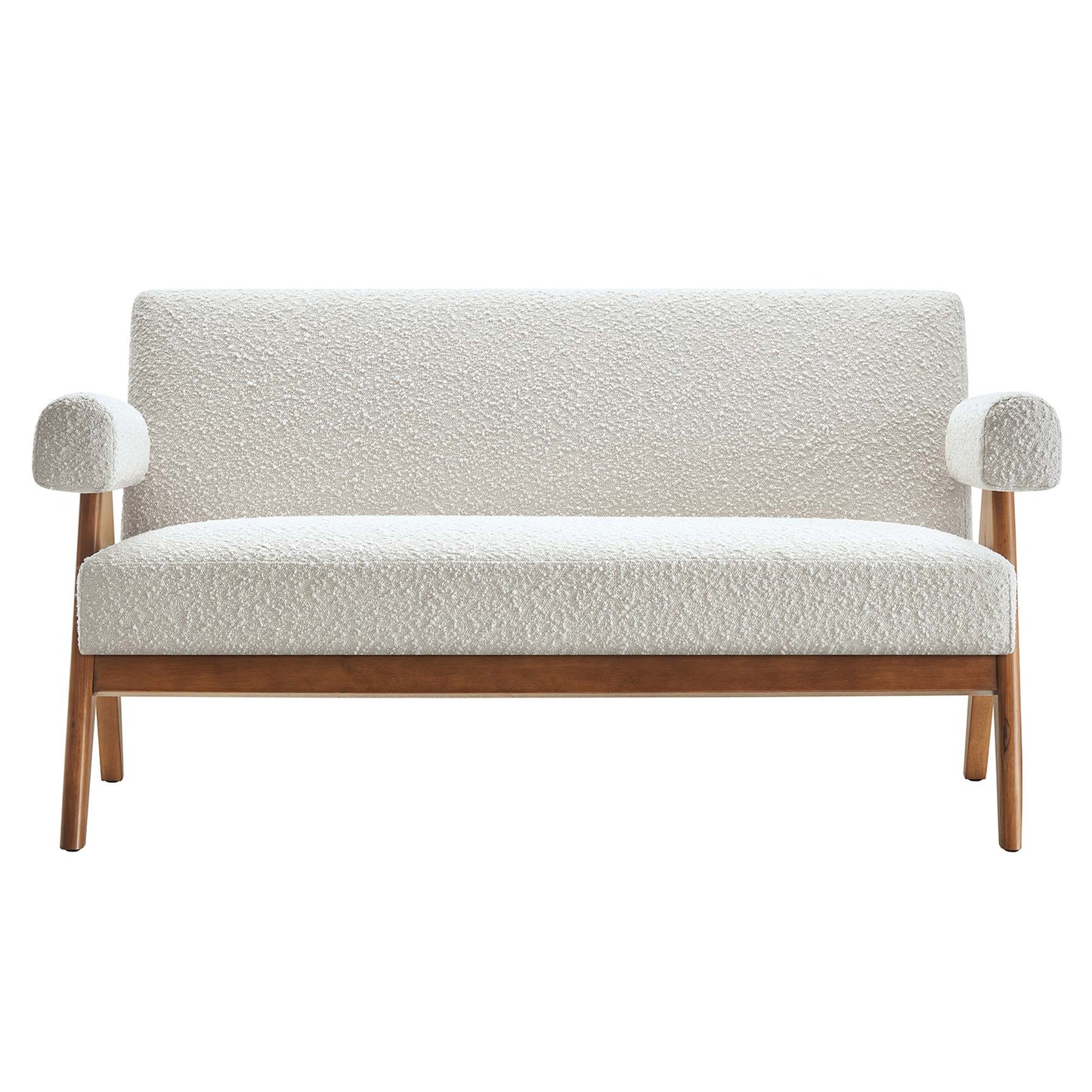 Cream boucle two-seat sofa with wooden frame and rounded padded armrests in mid-century style.