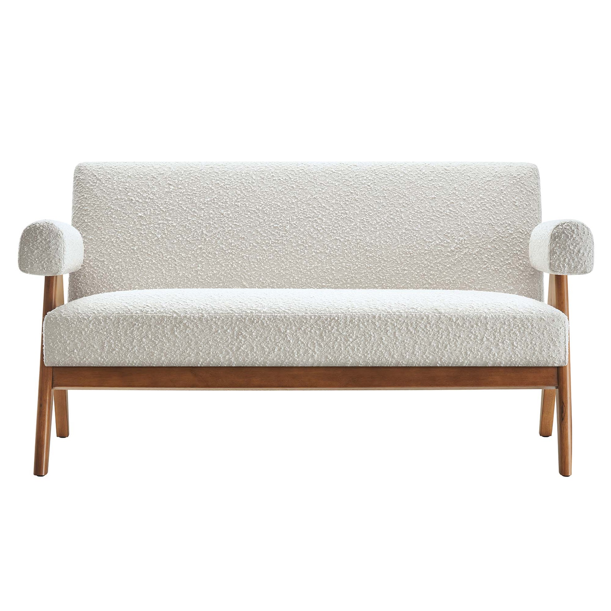 Cream boucle two-seat sofa with wooden frame and rounded padded armrests in mid-century style.