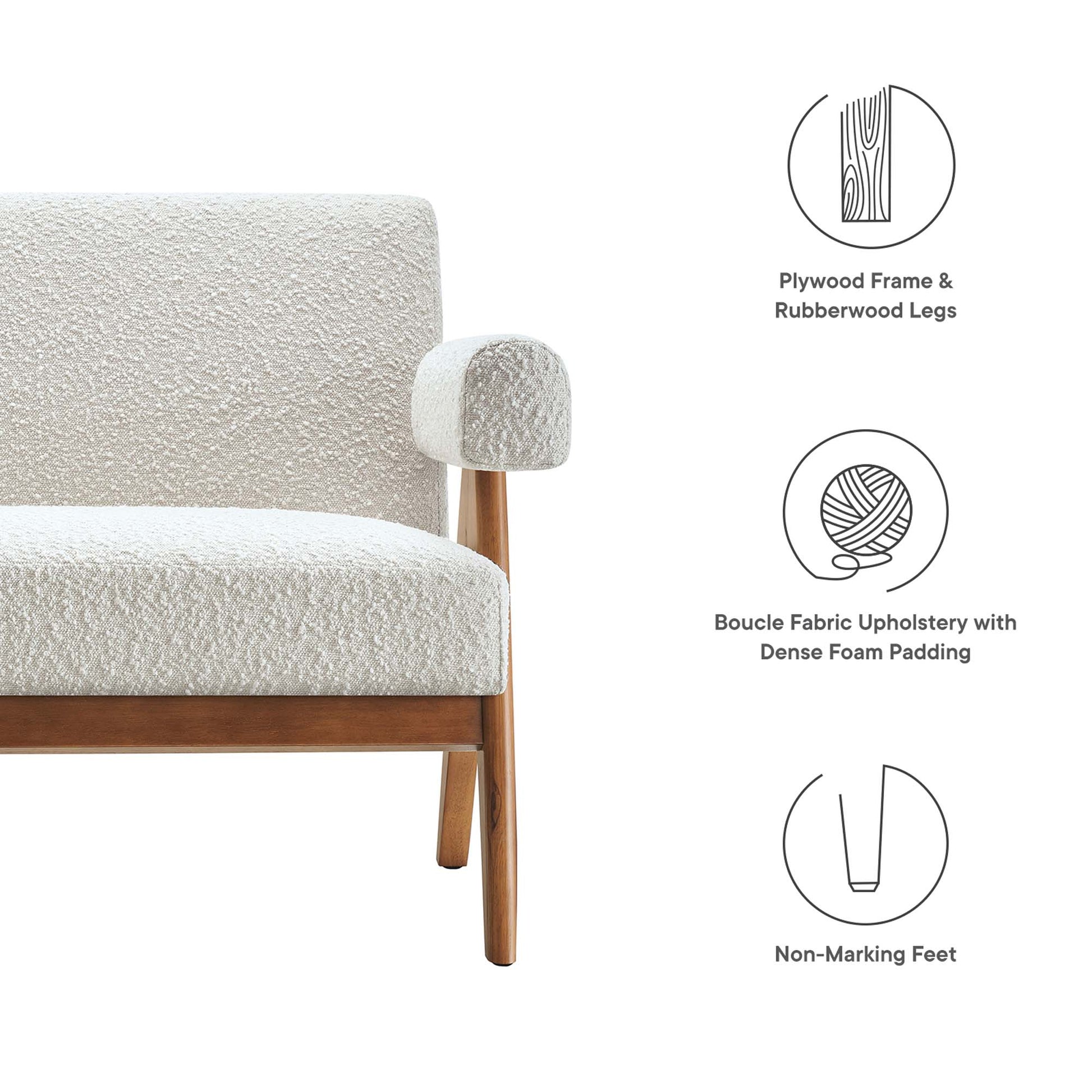 Ivory boucle fabric loveseat with a plywood frame & rubberwood legs, dense foam padding, and non-marking feet.