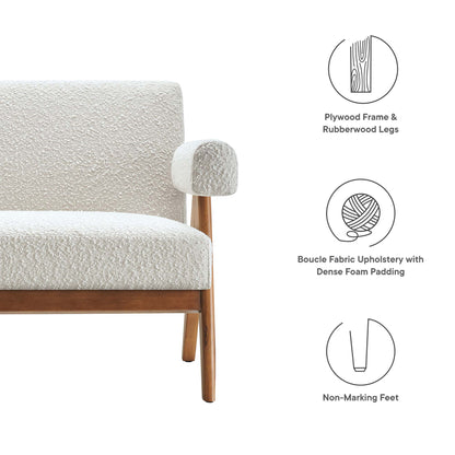 Ivory boucle fabric loveseat with a plywood frame & rubberwood legs, dense foam padding, and non-marking feet.