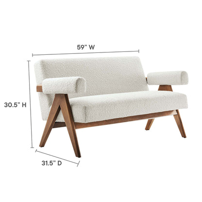 Cream boucle loveseat with wooden angular legs and cylindrical arm bolsters, mid-century style; 59"W x 30.5"H x 31.5"D