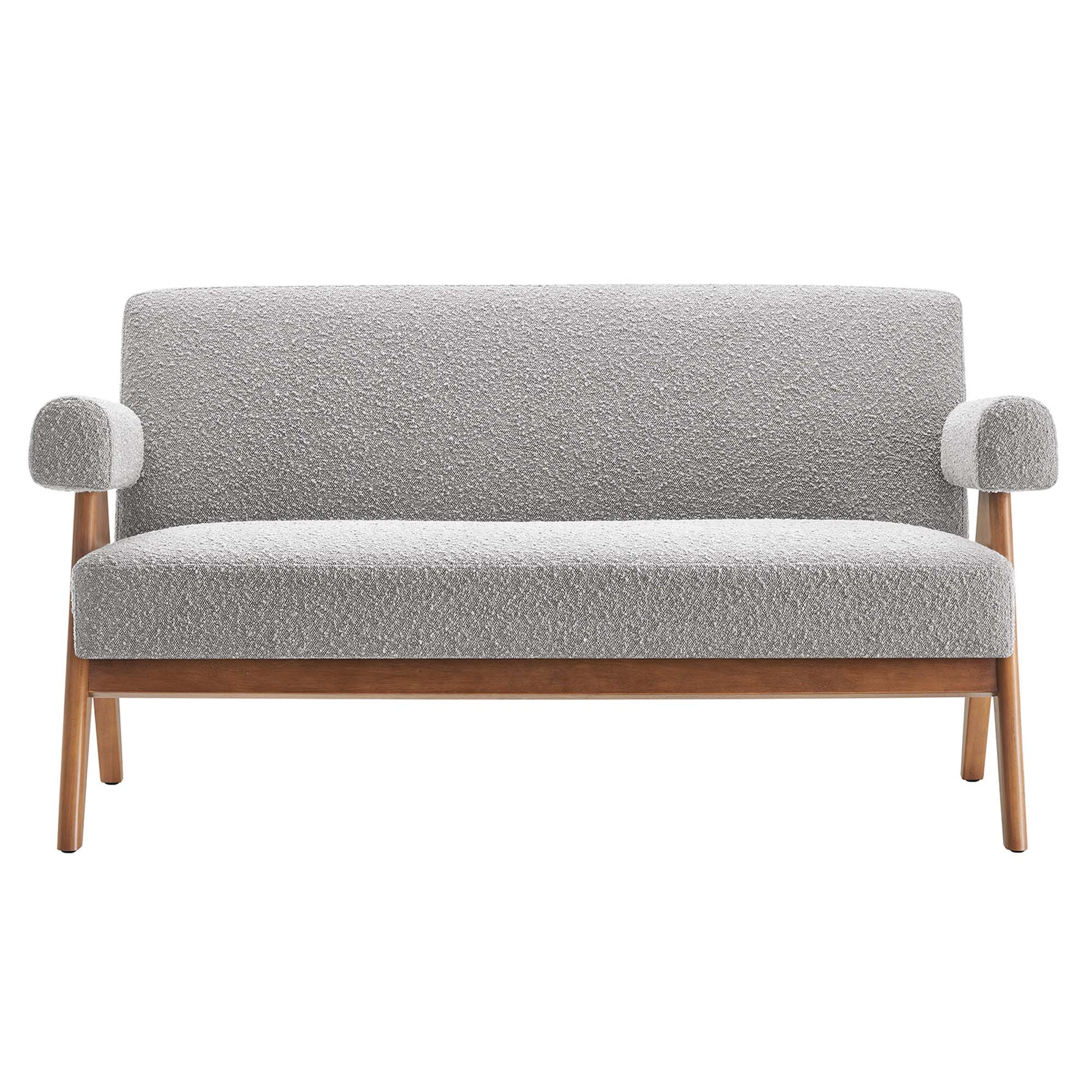 Light gray boucle two-seat sofa with wooden tapered legs and rounded armrests, mid-century modern living room seating.