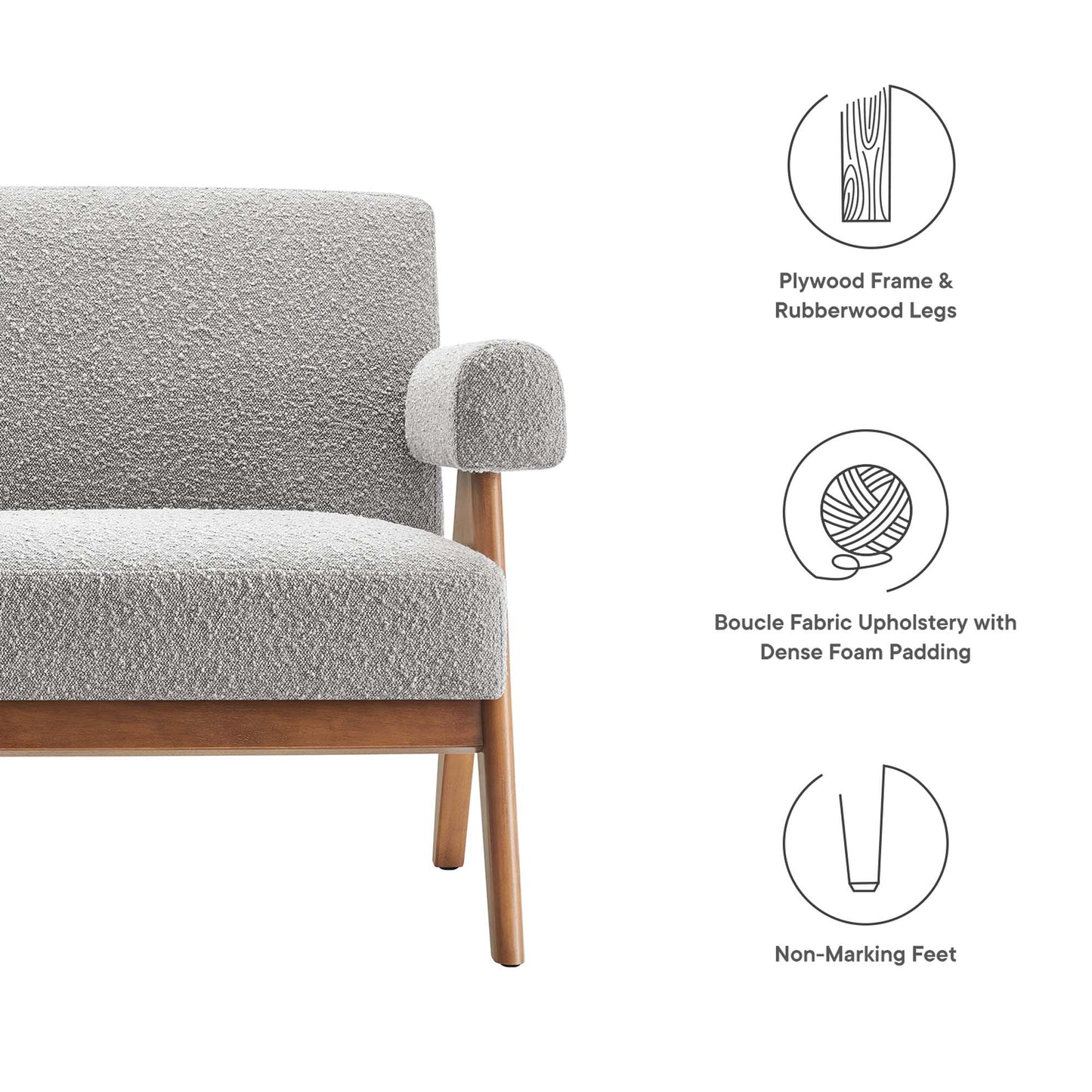 Gray boucle upholstery on a wood-framed loveseat with rubberwood legs; mid-century style, dense foam padding.