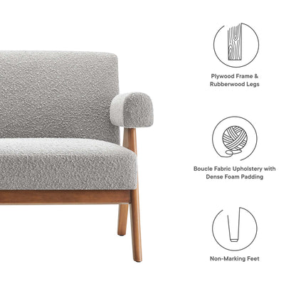 Gray boucle upholstery on a wood-framed loveseat with rubberwood legs; mid-century style, dense foam padding.
