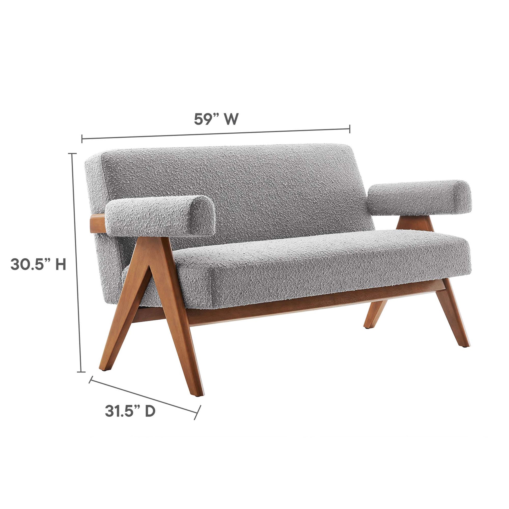 Mid-century modern gray boucle loveseat with rounded padded armrests and angled wooden legs; 59W x 30.5H x 31.5D.