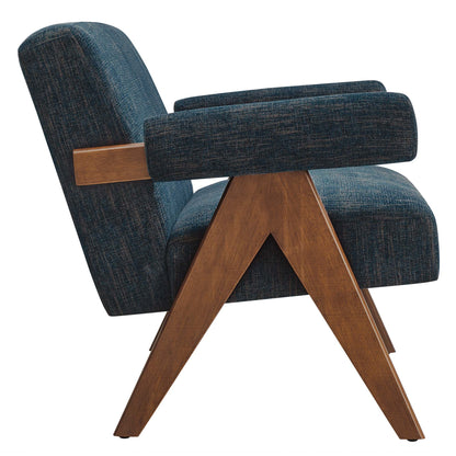 Mid-century blue textured fabric loveseat with wooden A-frame legs and cushioned armrests.