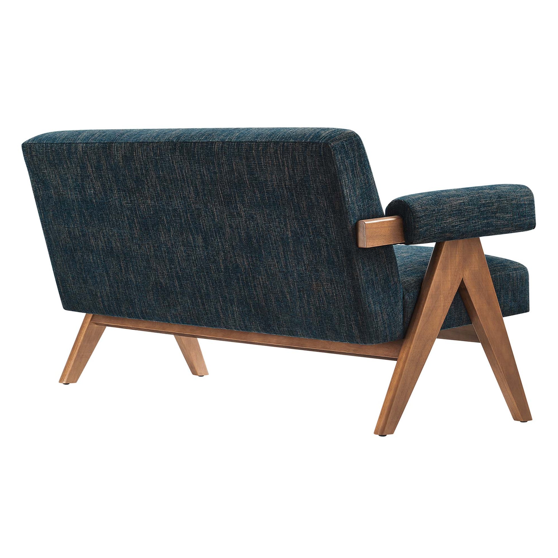 Blue textured fabric mid-century modern loveseat with wooden angled legs and padded armrests
