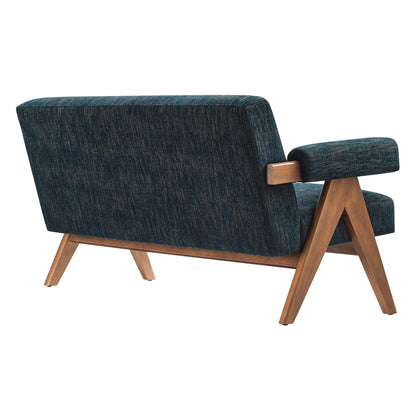 Blue textured fabric mid-century modern loveseat with wooden angled legs and padded armrests