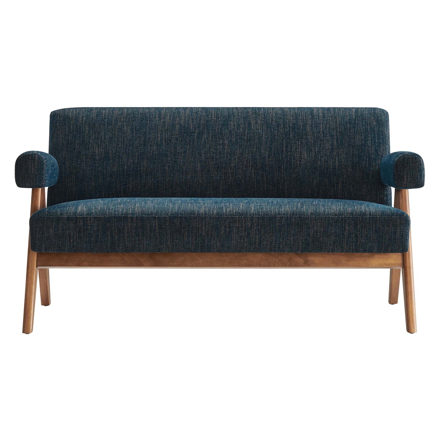Mid-century blue upholstered loveseat with wooden legs and rounded arm cushions.