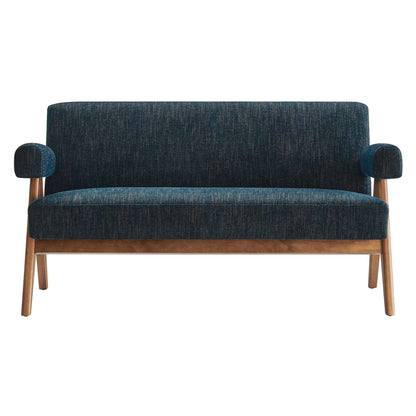 Mid-century blue upholstered loveseat with wooden legs and rounded arm cushions.