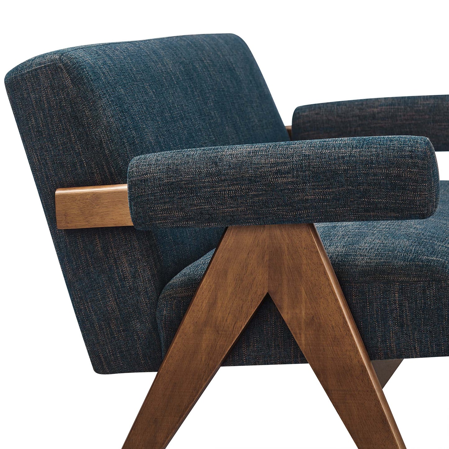 Mid-century blue textured fabric loveseat with thick padded armrests and sculpted wooden A-frame legs.