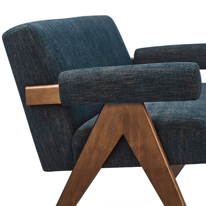 Mid-century blue textured fabric loveseat with thick padded armrests and sculpted wooden A-frame legs.