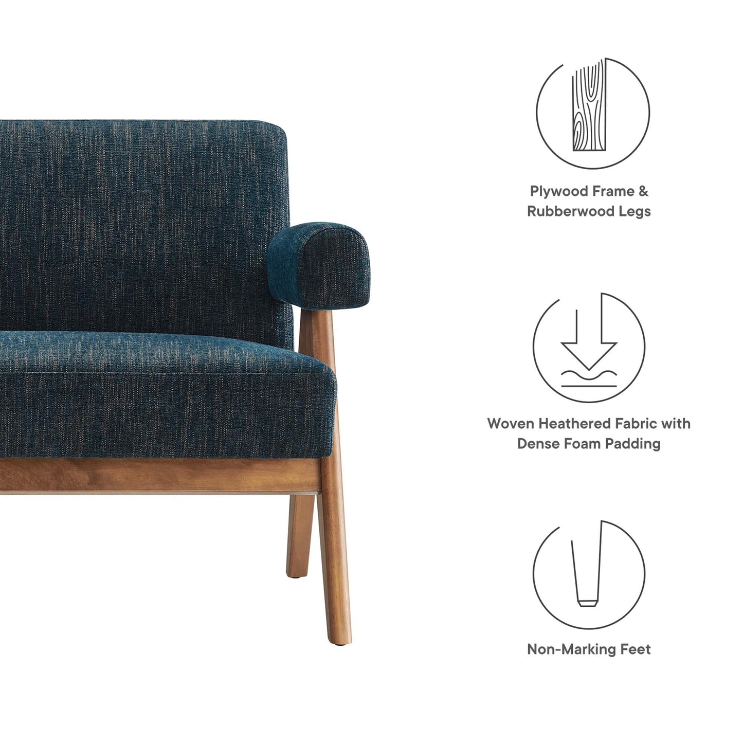 Dark blue woven fabric loveseat with rounded armrests, plywood frame & rubberwood legs, dense foam padding, non-marking feet.