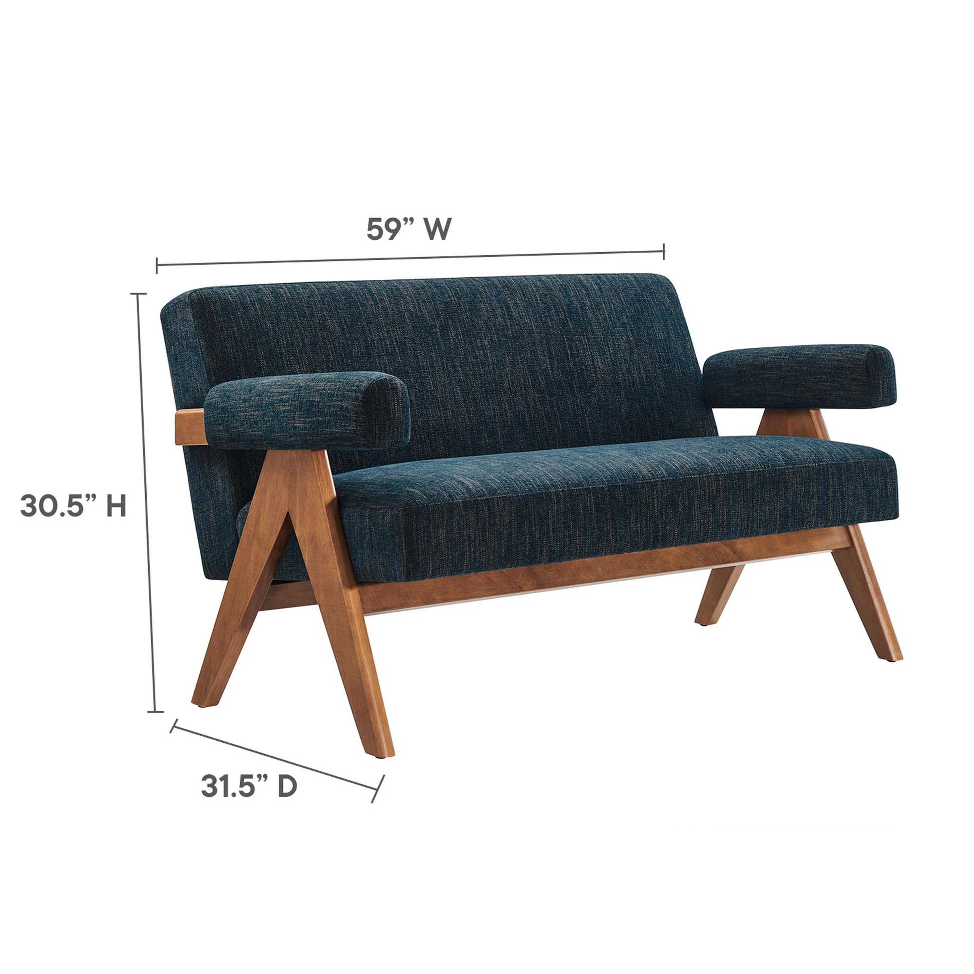 Blue textured fabric loveseat with angled wooden legs and padded arms; mid-century modern, 59W x 30.5H x 31.5D