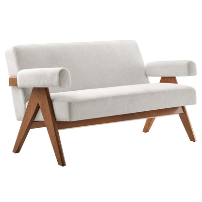 Mid-century modern loveseat with white fabric upholstery, exposed wooden frame, angled legs, and rounded armrest cushions.