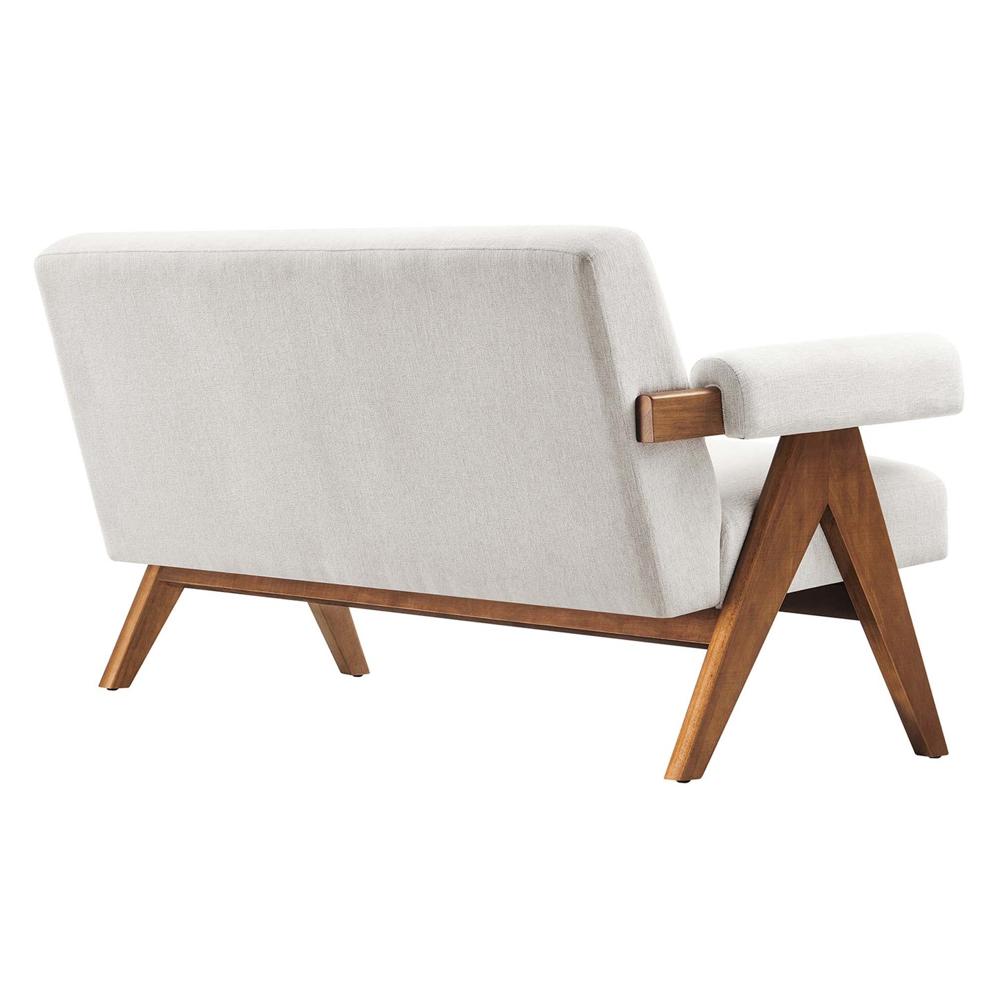 White fabric loveseat with a warm wooden angular frame and padded arms in a mid-century style.