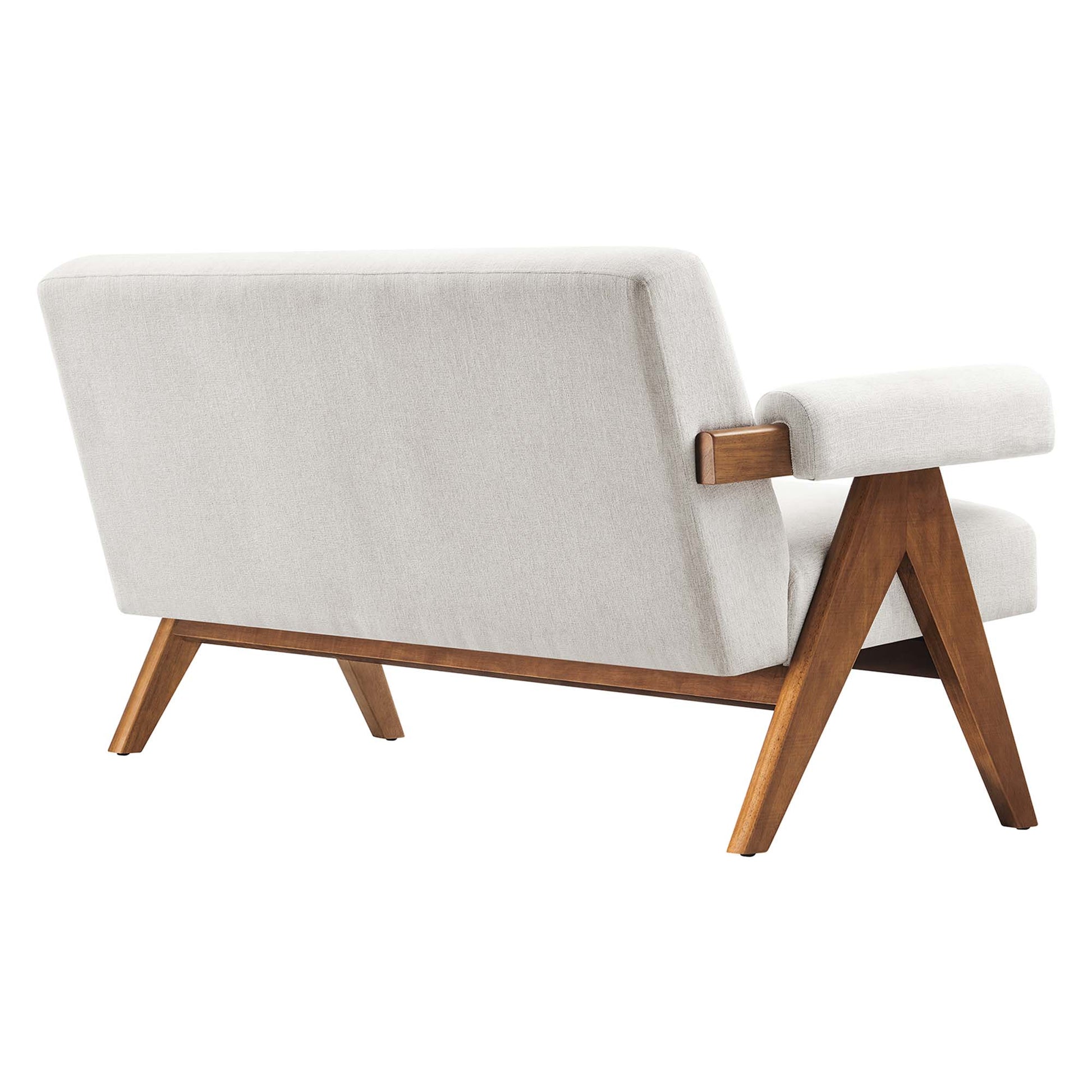 White fabric loveseat with a warm wooden angular frame and padded arms in a mid-century style.