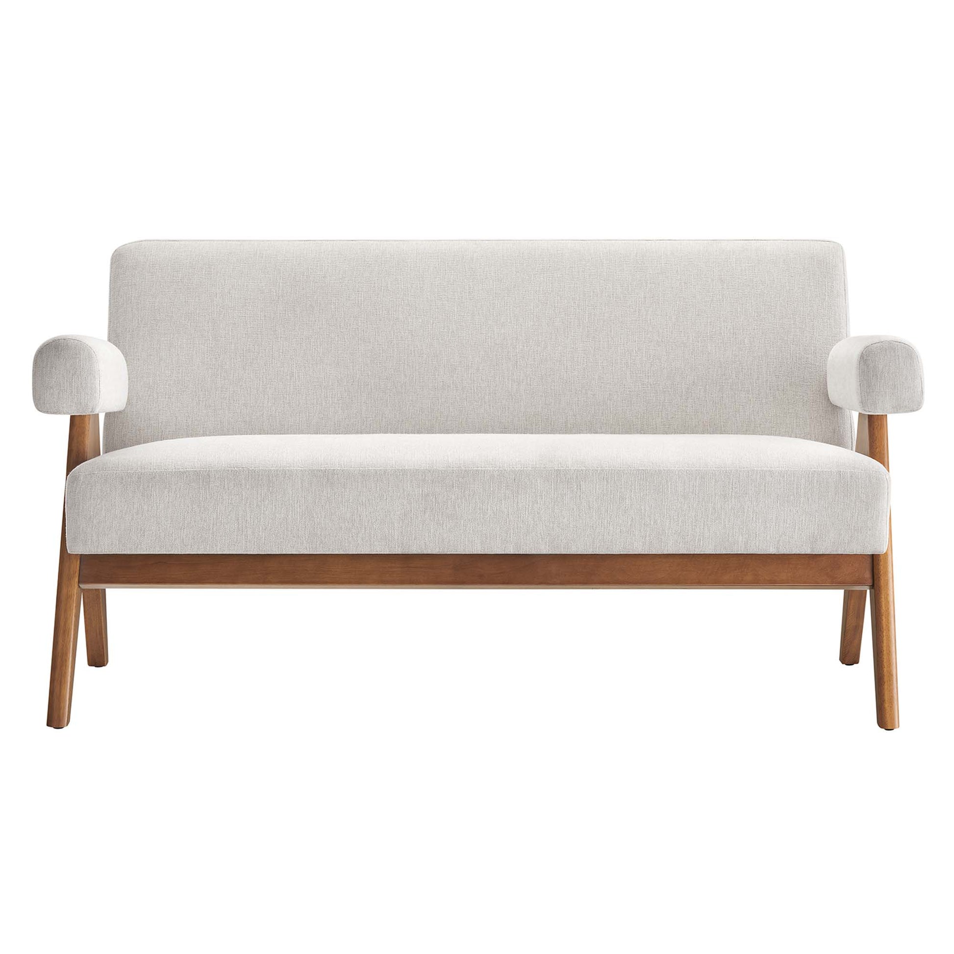 Mid-century modern loveseat in white fabric with walnut wood legs and rounded armrest cushions.