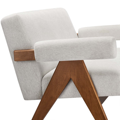 White upholstered loveseat with padded arms and a wooden angular X-base in mid-century modern style.