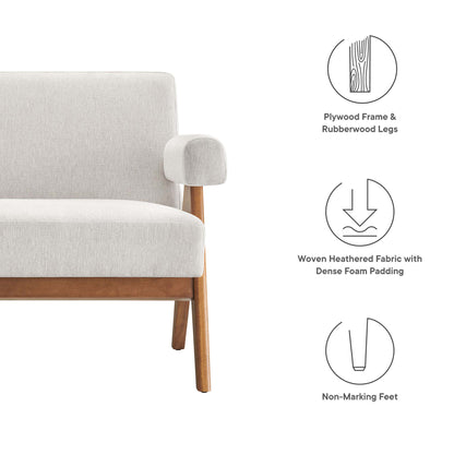White fabric loveseat with rubberwood legs and rounded arms; plywood frame; dense foam padding.