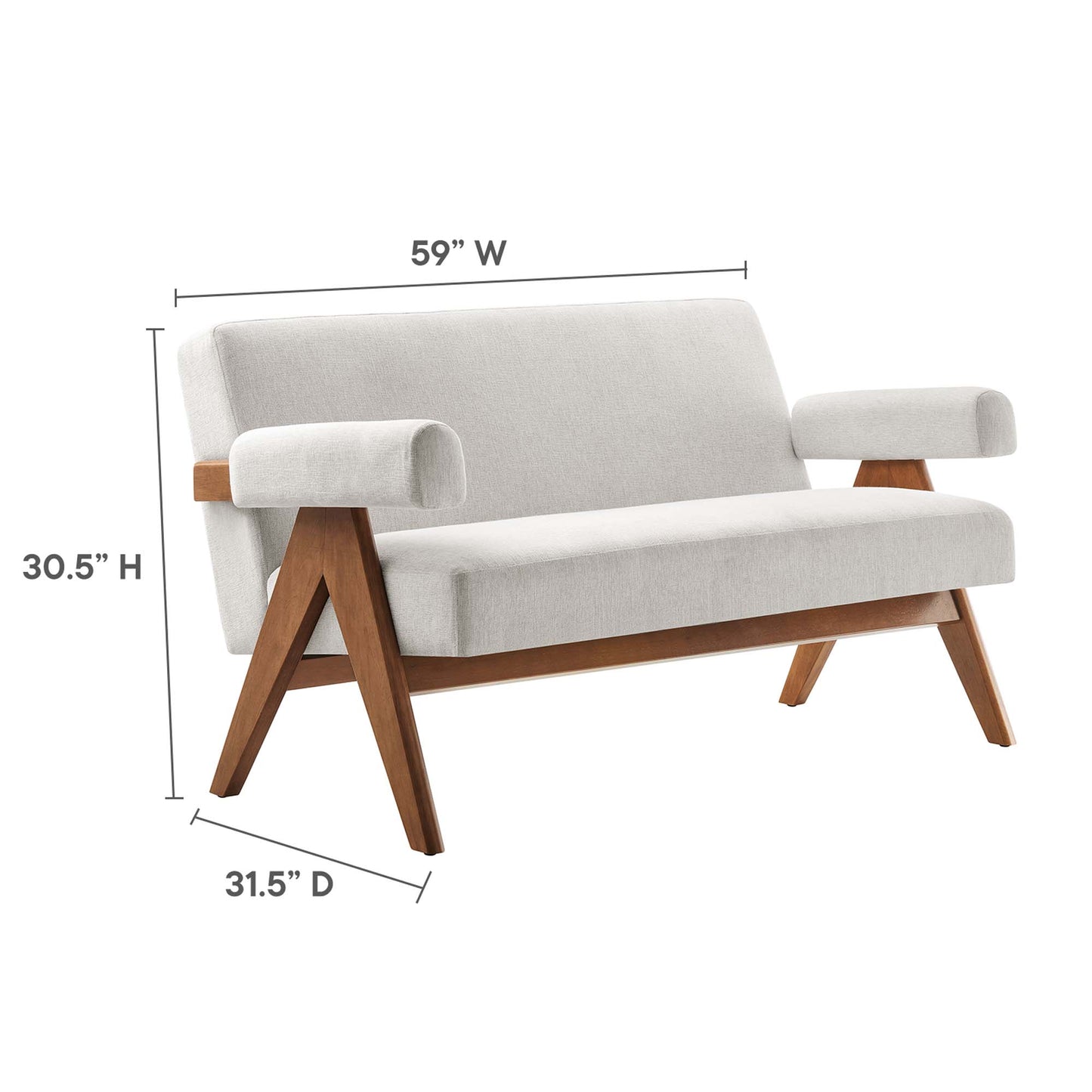 Mid-century modern white fabric loveseat with exposed wood legs and padded cylindrical armrests, 59 inches wide.