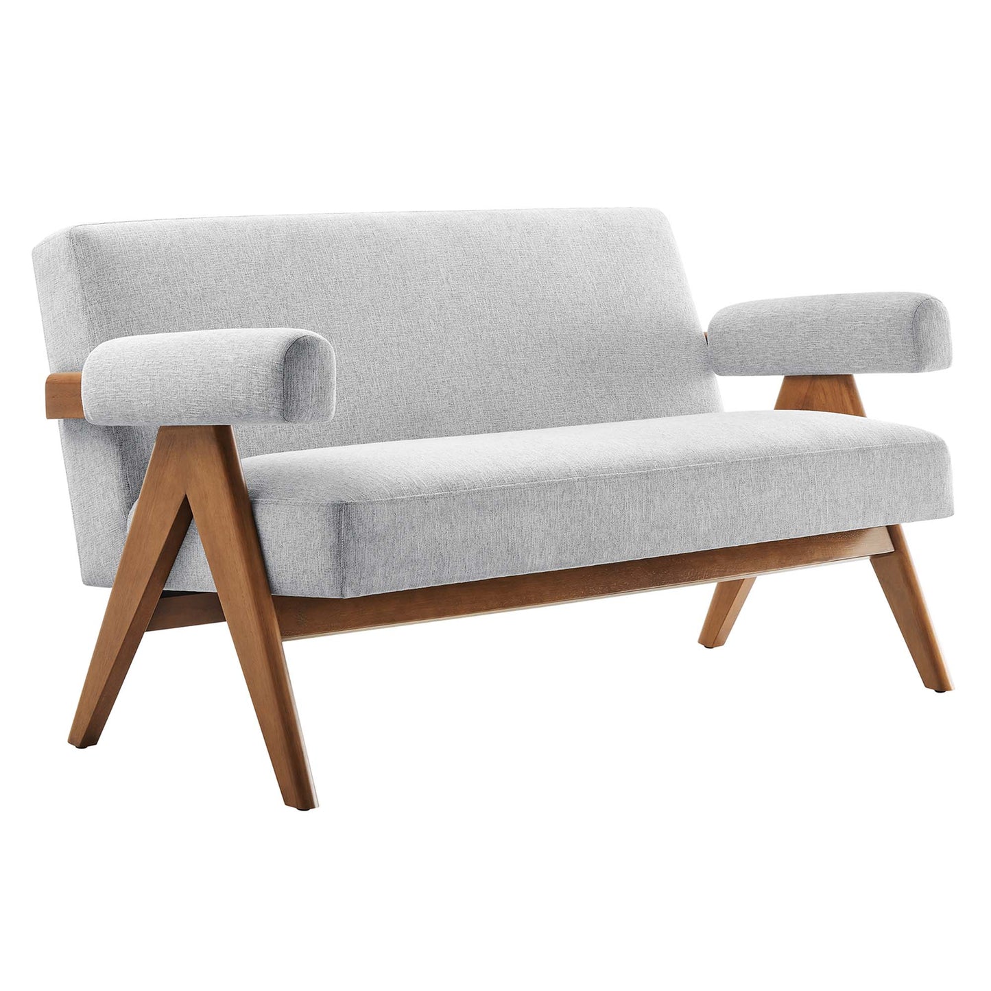 Light gray fabric loveseat with A-frame wooden legs and padded arms, mid-century modern style.
