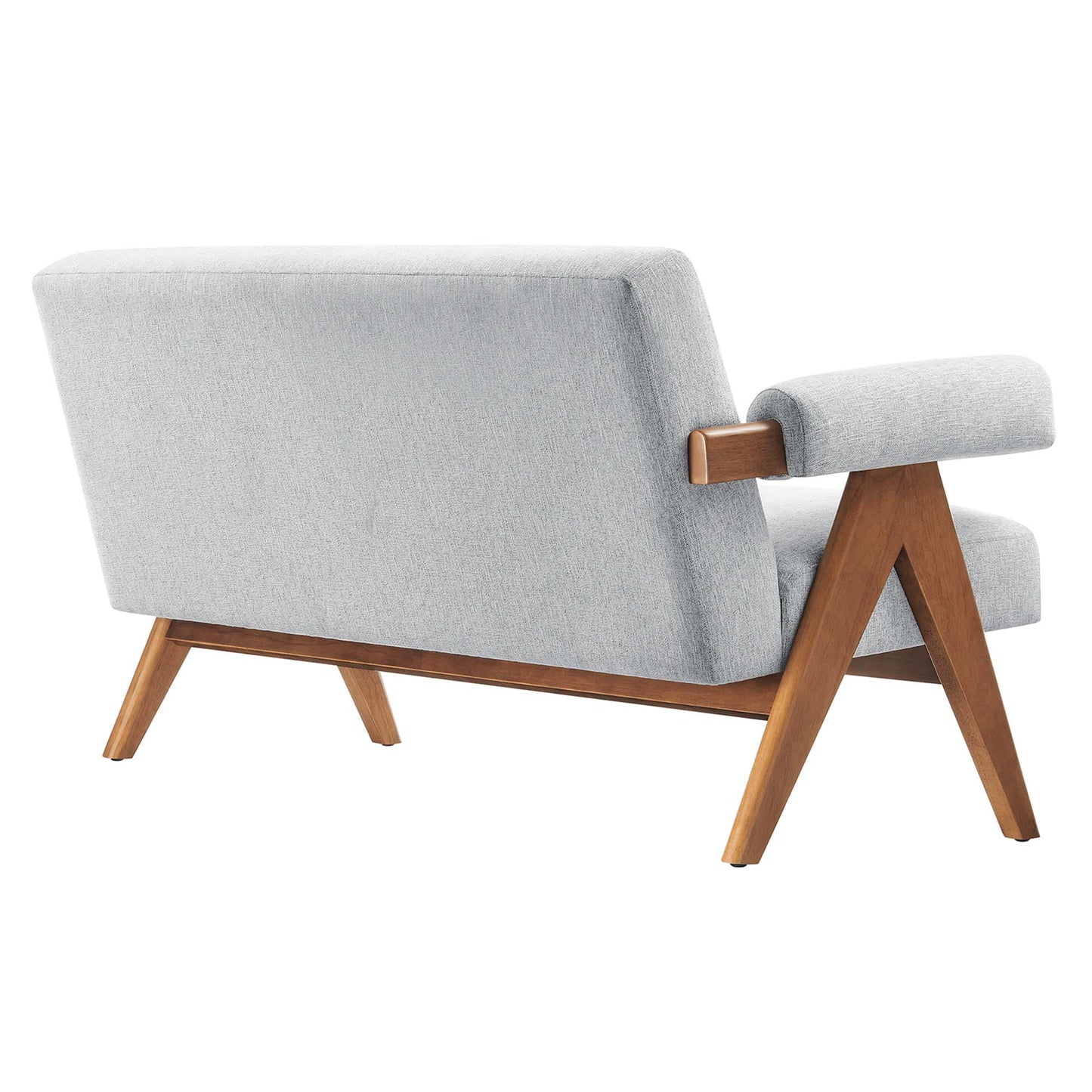 Mid-century modern gray fabric loveseat with angled oak legs and sculpted arm supports.