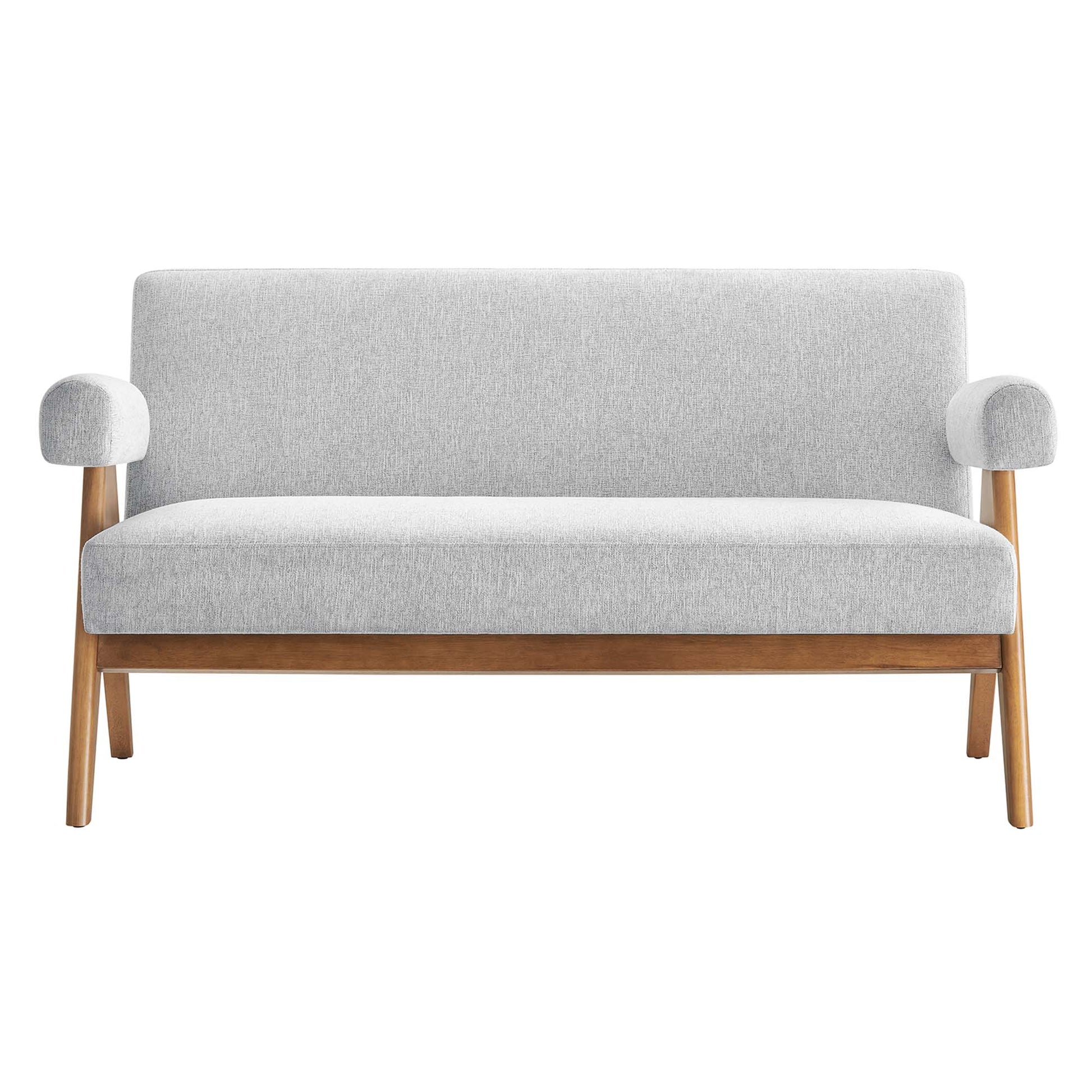 Mid-century modern gray fabric loveseat with natural wood legs and rounded armrest cushions