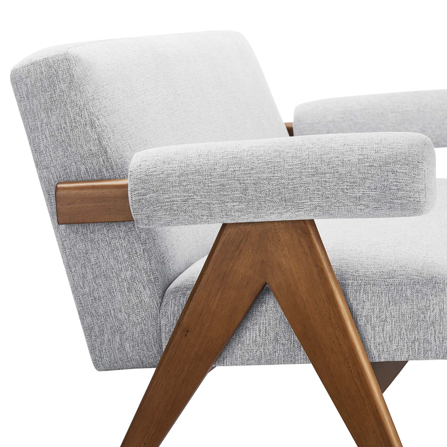 Mid-century style loveseat in light gray textured fabric with wooden angled legs and padded armrests.