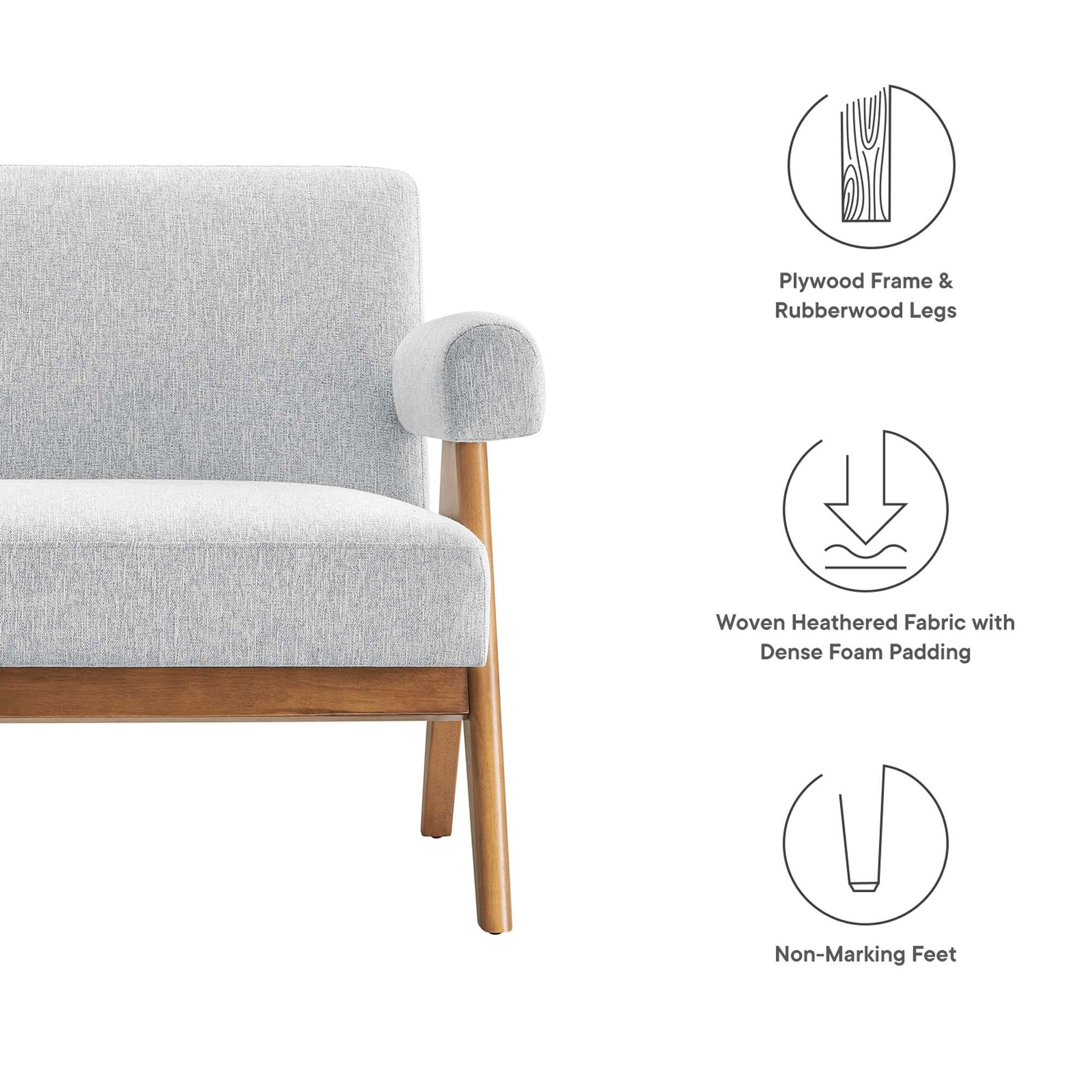 Light gray woven fabric loveseat with rounded padded armrests and natural wood legs.