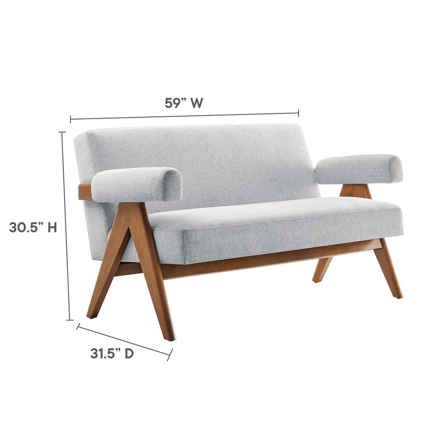 Light gray mid-century loveseat with wooden angled legs and rounded armrests; 59" W, 30.5" H, 31.5" D.