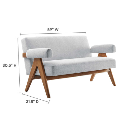Light gray mid-century loveseat with wooden angled legs and rounded armrests; 59" W, 30.5" H, 31.5" D.