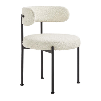 Ivory boucle fabric dining chairs with black metal legs and cylindrical backrest cushions, set of 2.