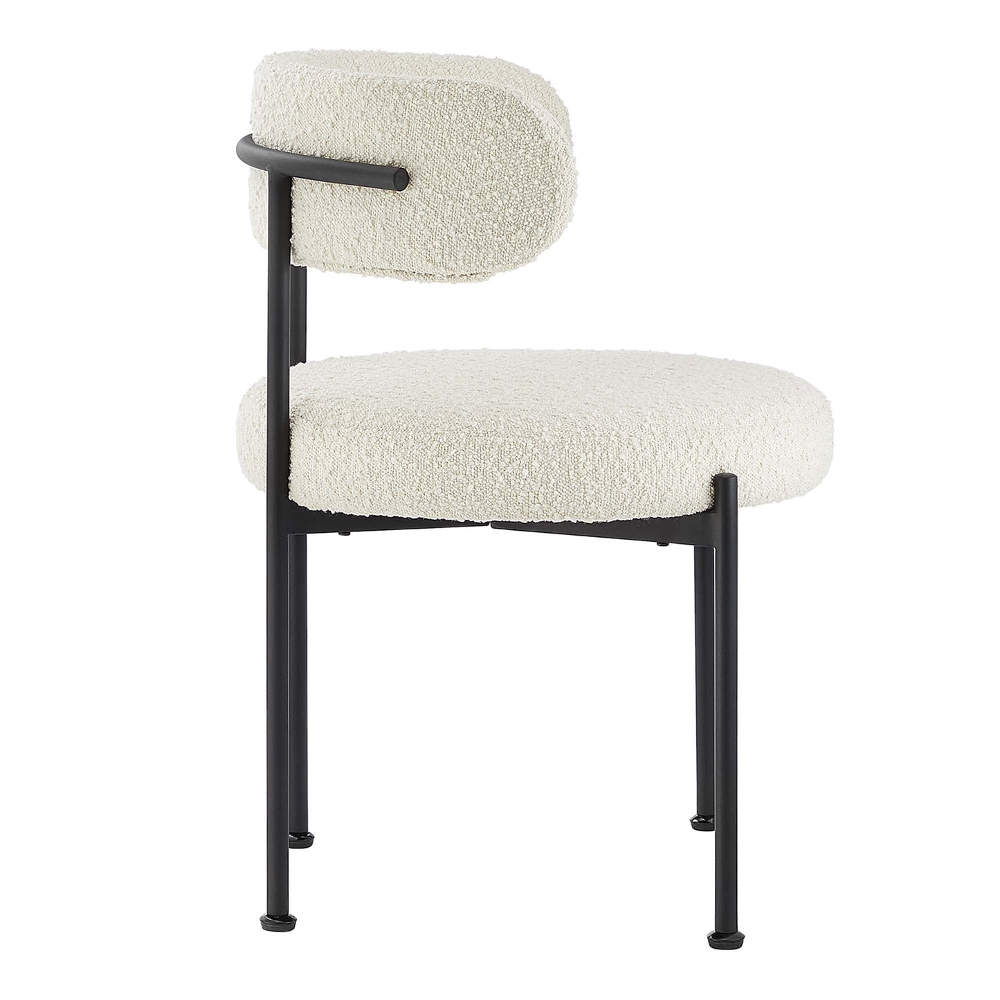 White boucle fabric dining chairs with black metal frame, set of 2, modern style.