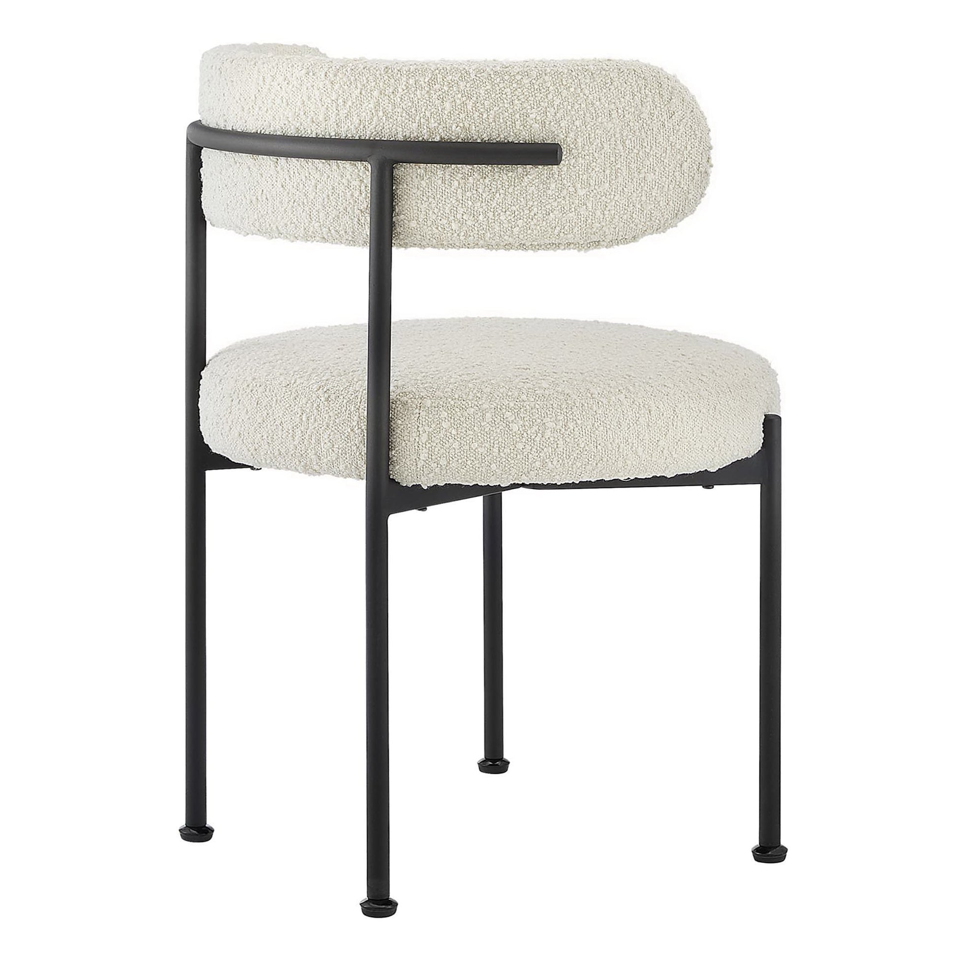 Cream boucle seat and back cushions on a black metal frame with slender legs, set of 2 dining chairs