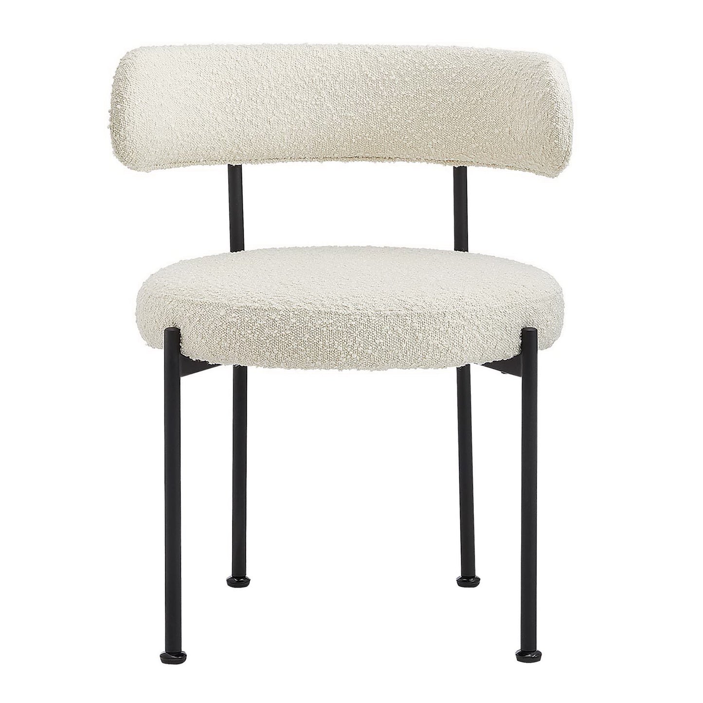 Ivory boucle upholstered dining chair with rounded fluffy seat, curved backrest and black metal legs.
