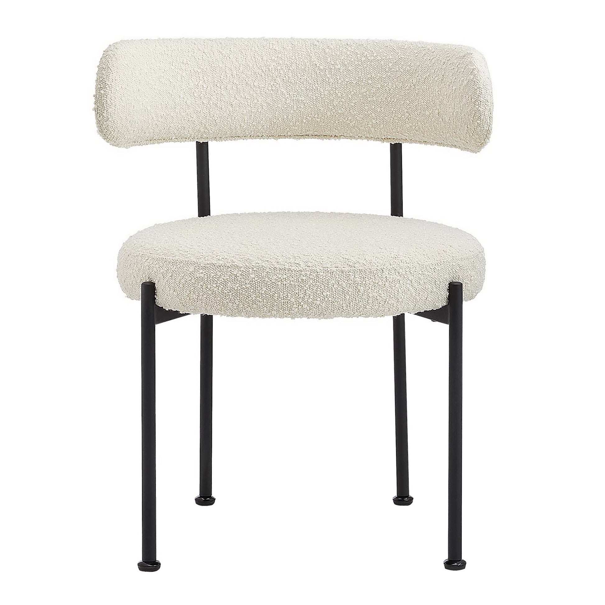 Ivory boucle upholstered dining chair with rounded fluffy seat, curved backrest and black metal legs.