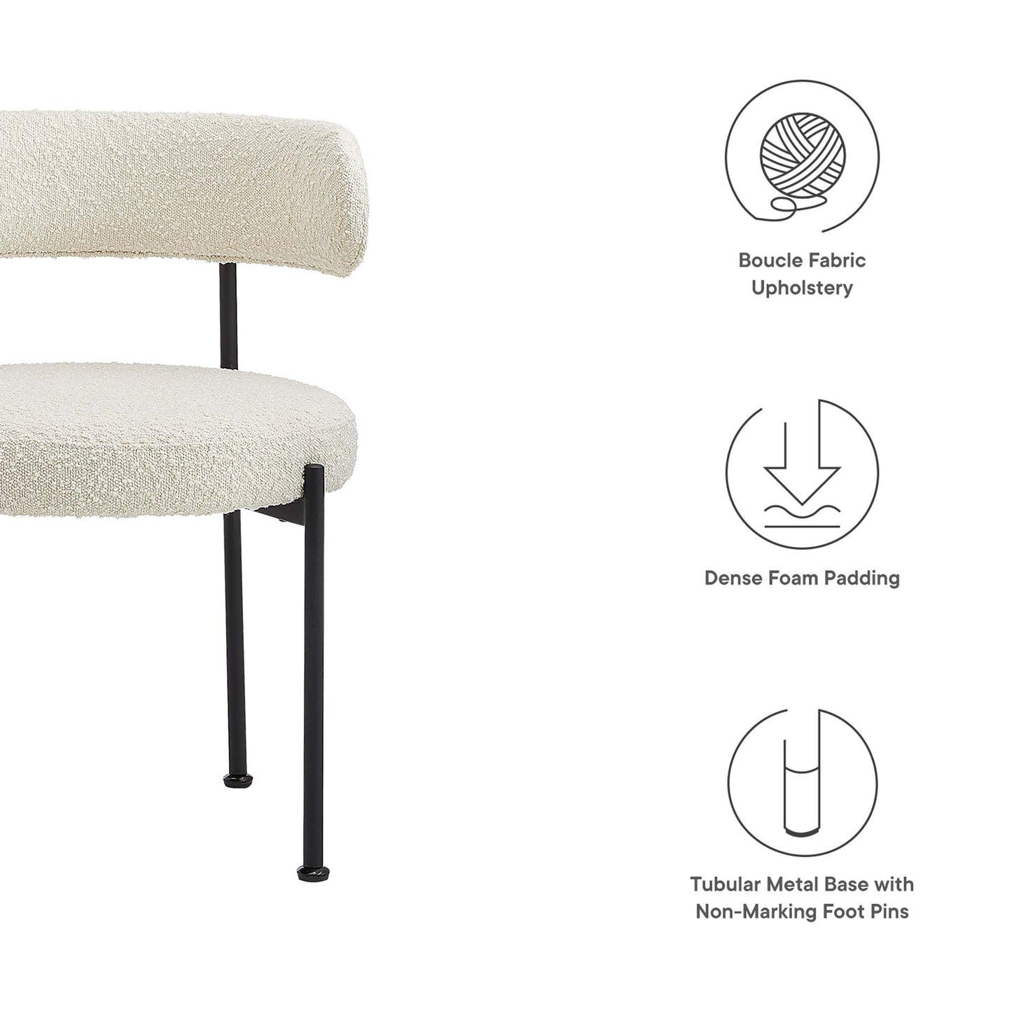 Cream boucle fabric dining chair with rounded back and seat, dense foam padding, on black tubular metal legs; set of 2.