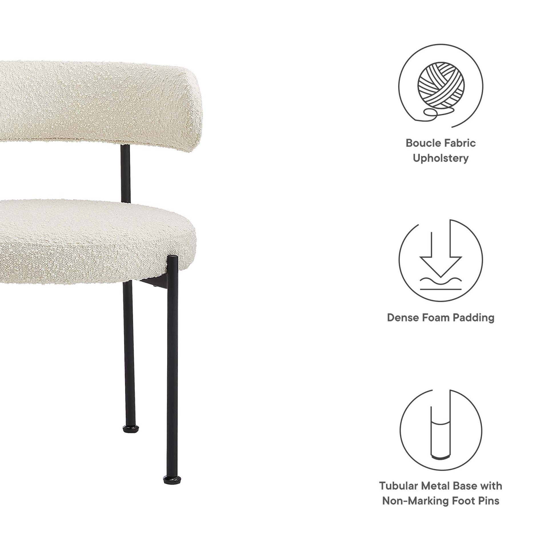 Cream boucle fabric dining chair with rounded back and seat, dense foam padding, on black tubular metal legs; set of 2.