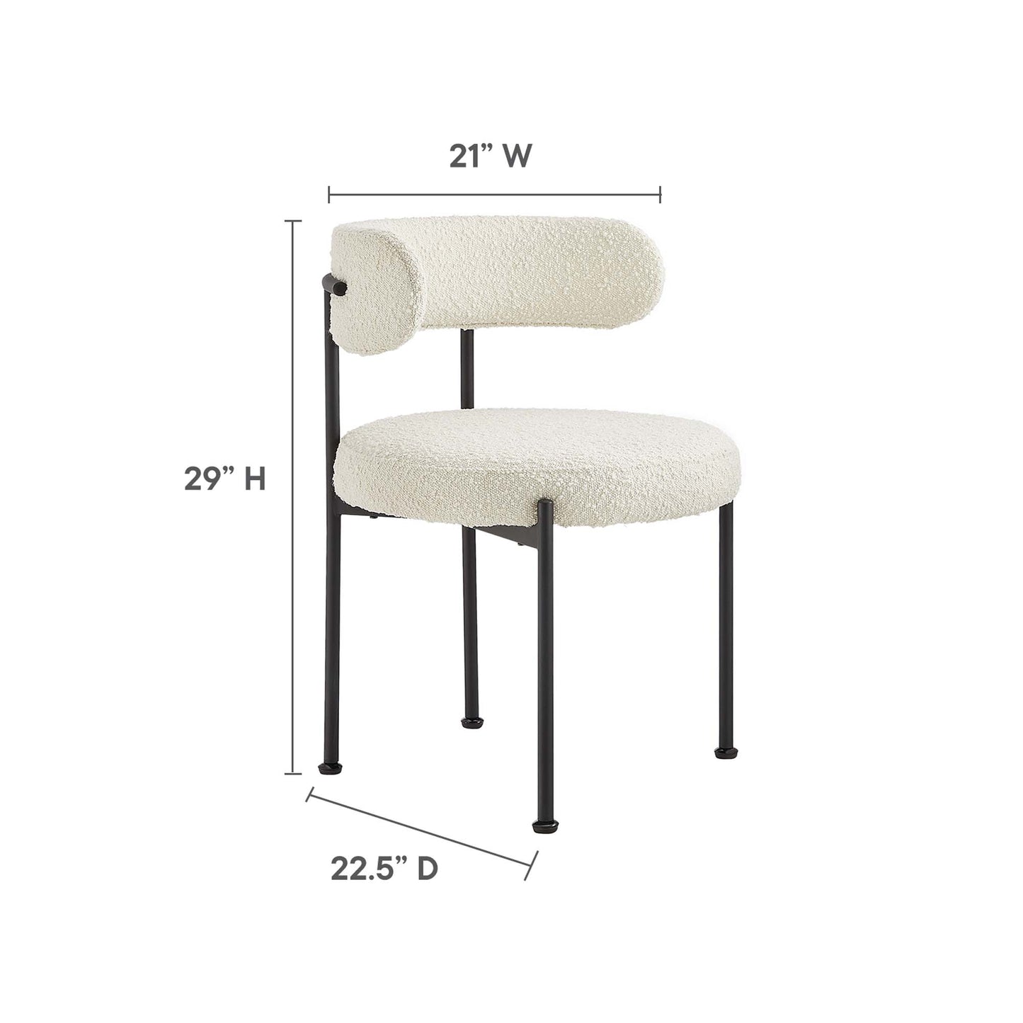 White boucle upholstered dining chairs with black metal legs and rounded back cushions; 21W x 29H x 22.5D; set of 2.