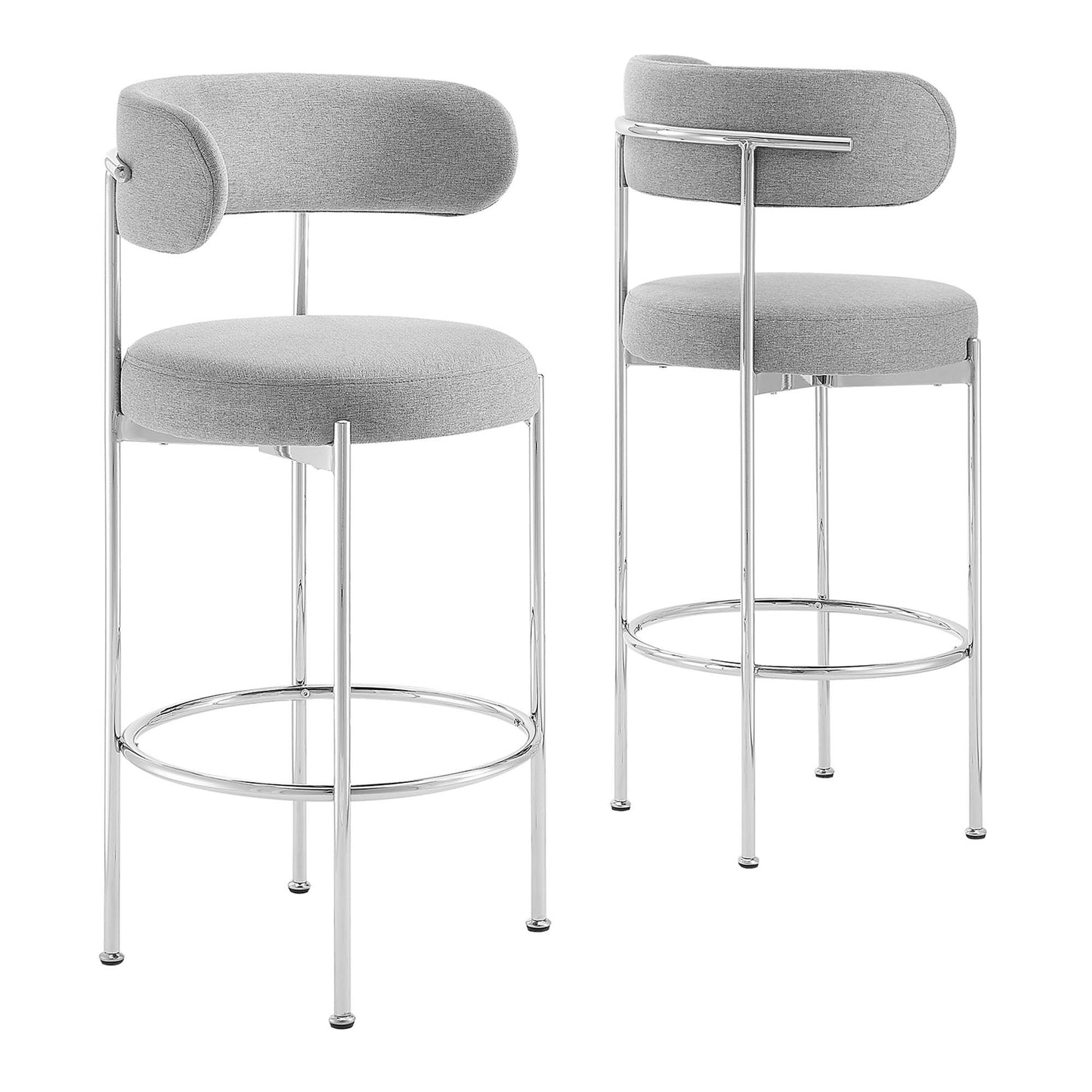 Pair of fabric bar stools with gray cushions, curved backrests, slim legs and circular footrests.