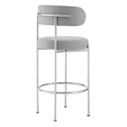 Grey fabric upholstered bar stools with chrome metal frames, round padded seats, curved backs & circular footrests - set of 2
