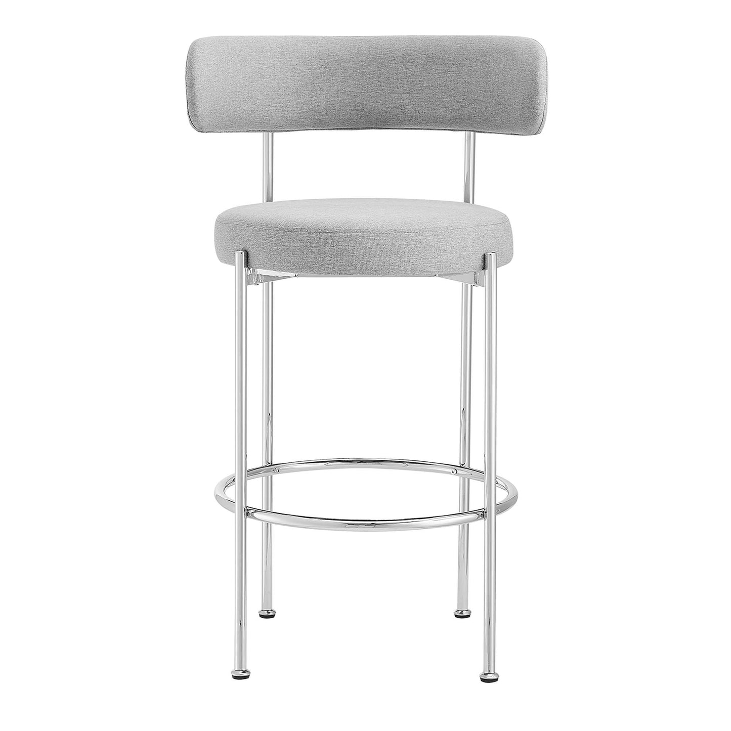 Gray upholstered bar stools (set of 2) with chrome legs, circular footrings, and padded seats and backrests.