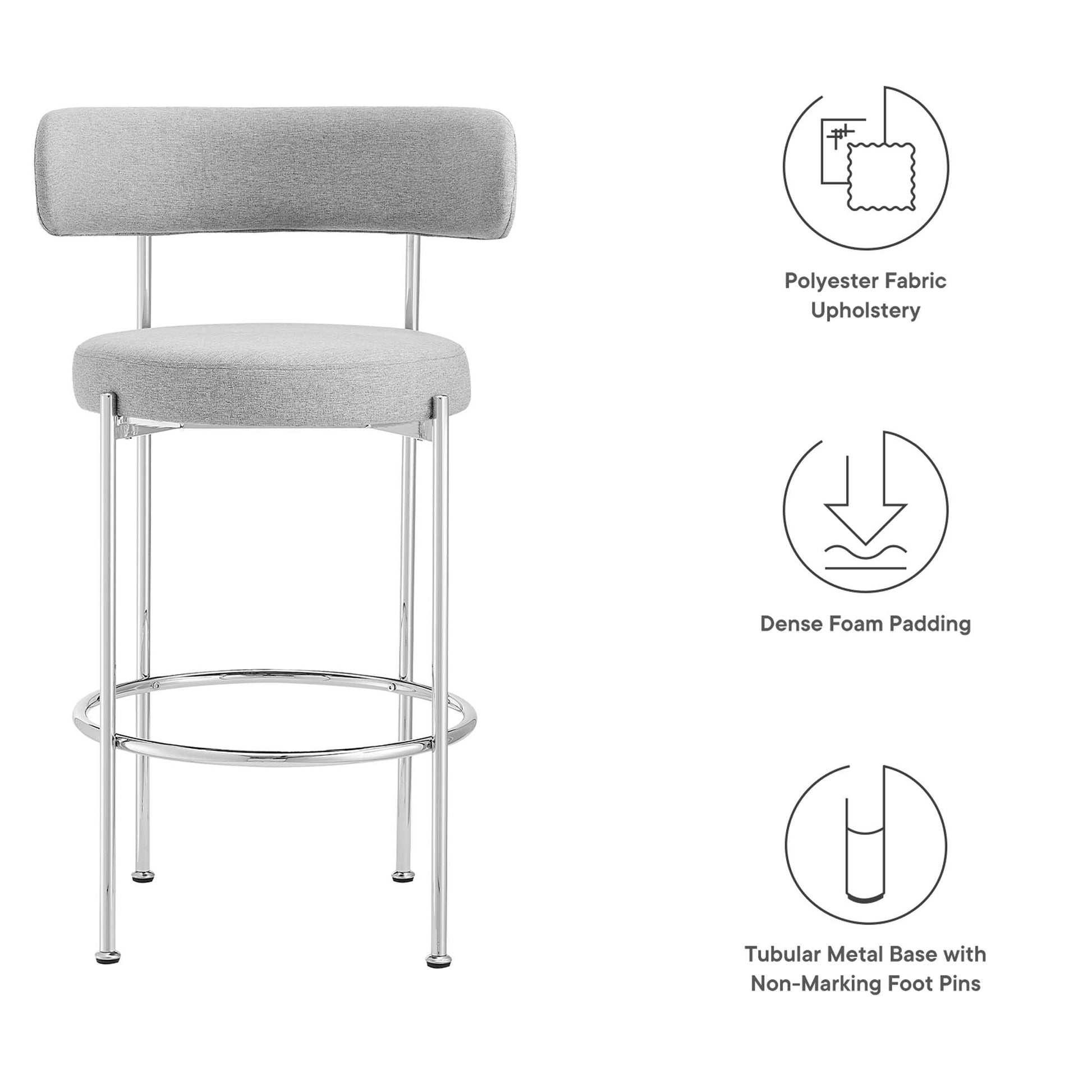 Gray fabric-upholstered backrests & round seats of bar stools with chrome tubular legs & circular footrests.