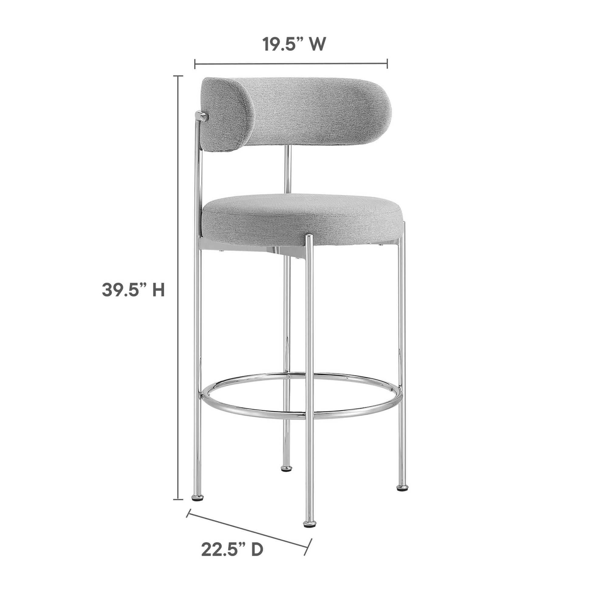 Grey upholstered bar stools with chrome frames, rounded back pads, circular footrests, tall modern seating (set of 2).