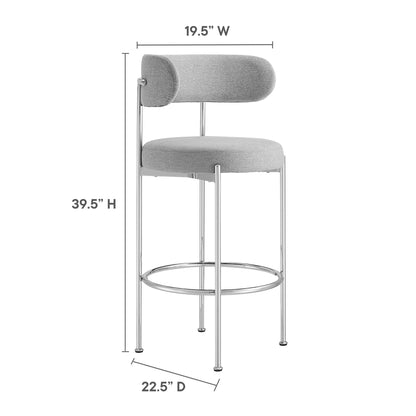 Grey upholstered bar stools with chrome frames, rounded back pads, circular footrests, tall modern seating (set of 2).