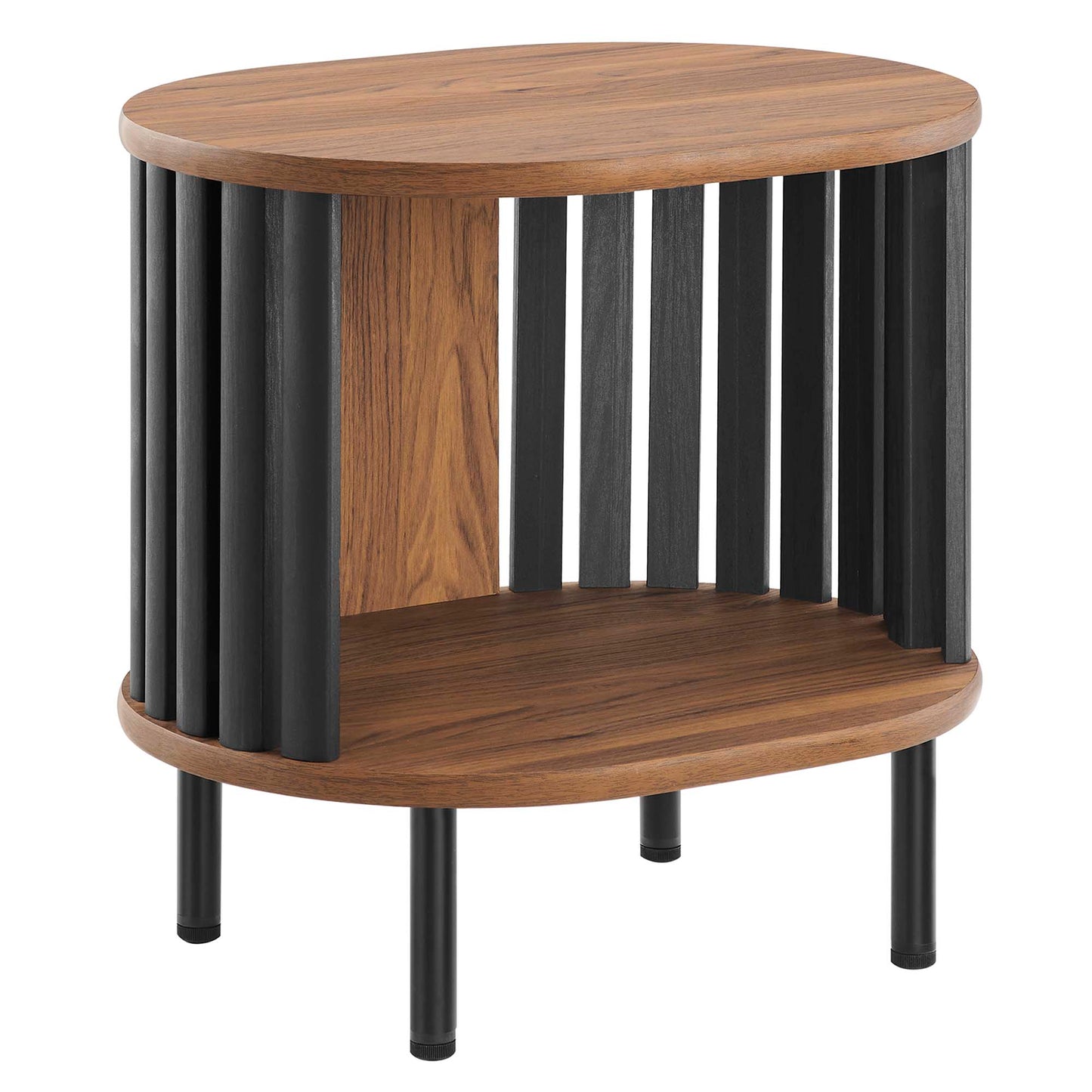 Round black side table with vertical slats, two-tier shelves, and black legs.