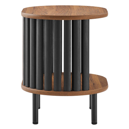 Walnut round side table with black vertical rod supports & two shelves; modern industrial style.
